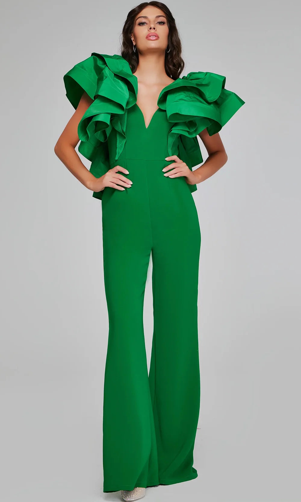 Jovani 40291 - Plunging V-Neck Jumpsuit with Statement Ruffles Formal Gowns  in Emerald  
