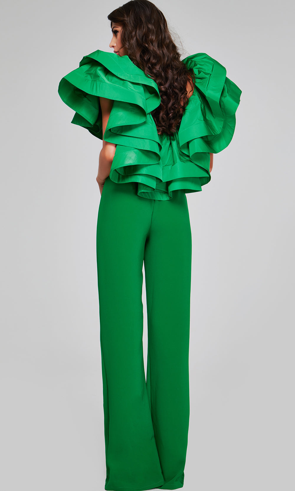Jovani 40291 - Plunging V-Neck Jumpsuit with Statement Ruffles Formal Gowns  in Emerald  