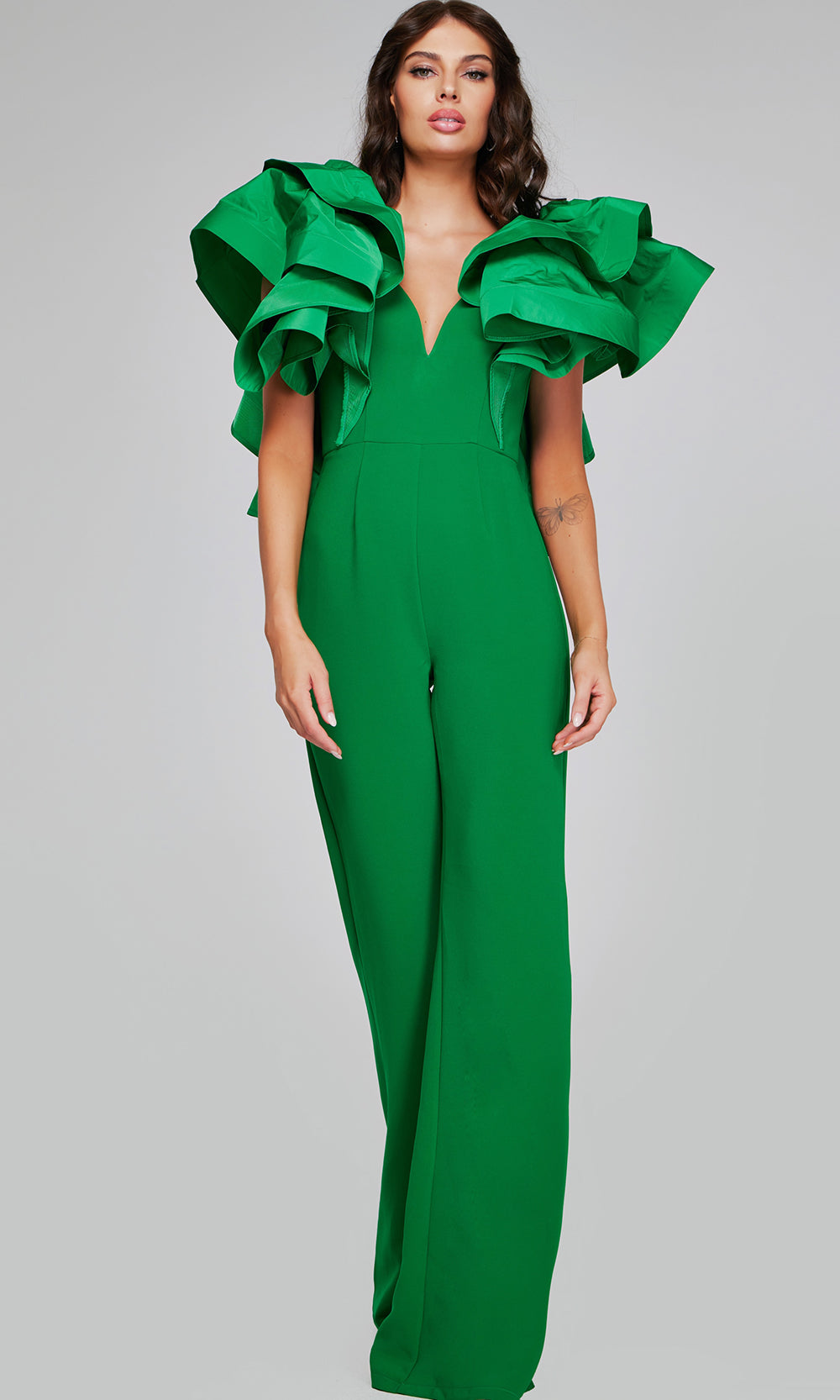 Jovani 40291 - Plunging V-Neck Jumpsuit with Statement Ruffles Formal Gowns  in Emerald  
