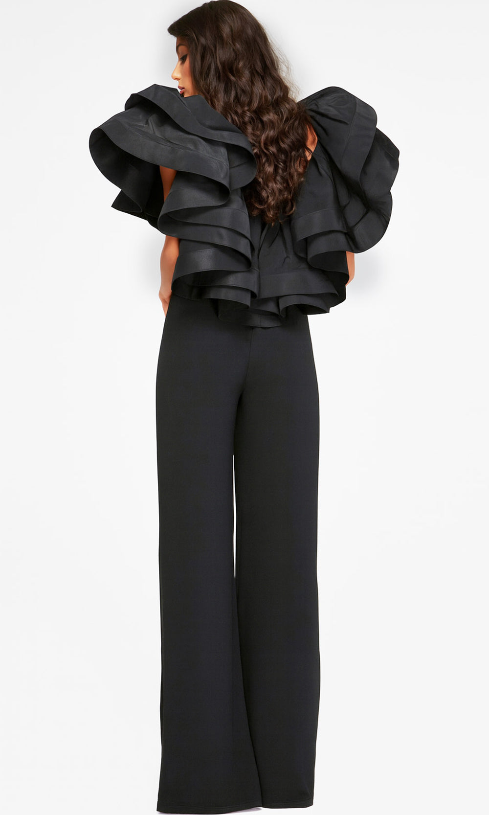Jovani 40291 - Plunging V-Neck Jumpsuit with Statement Ruffles Formal Gowns  in Black  
