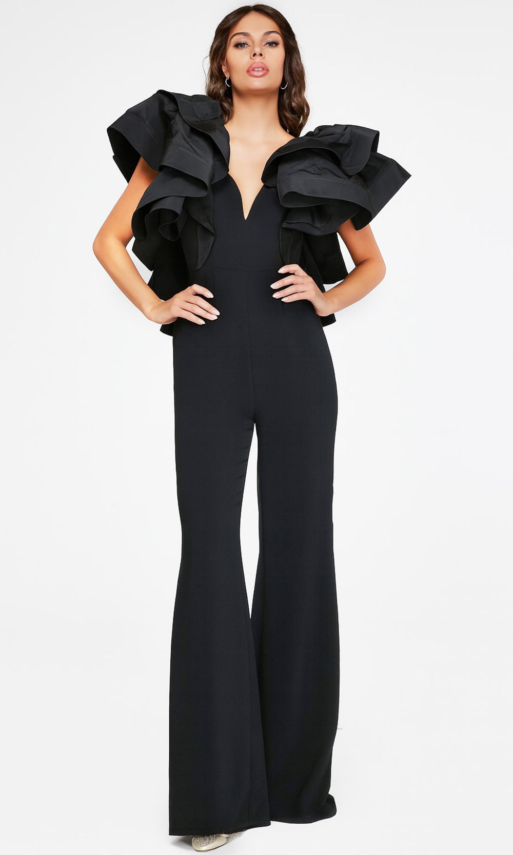 Jovani 40291 - Plunging V-Neck Jumpsuit with Statement Ruffles Formal Gowns  in Black  