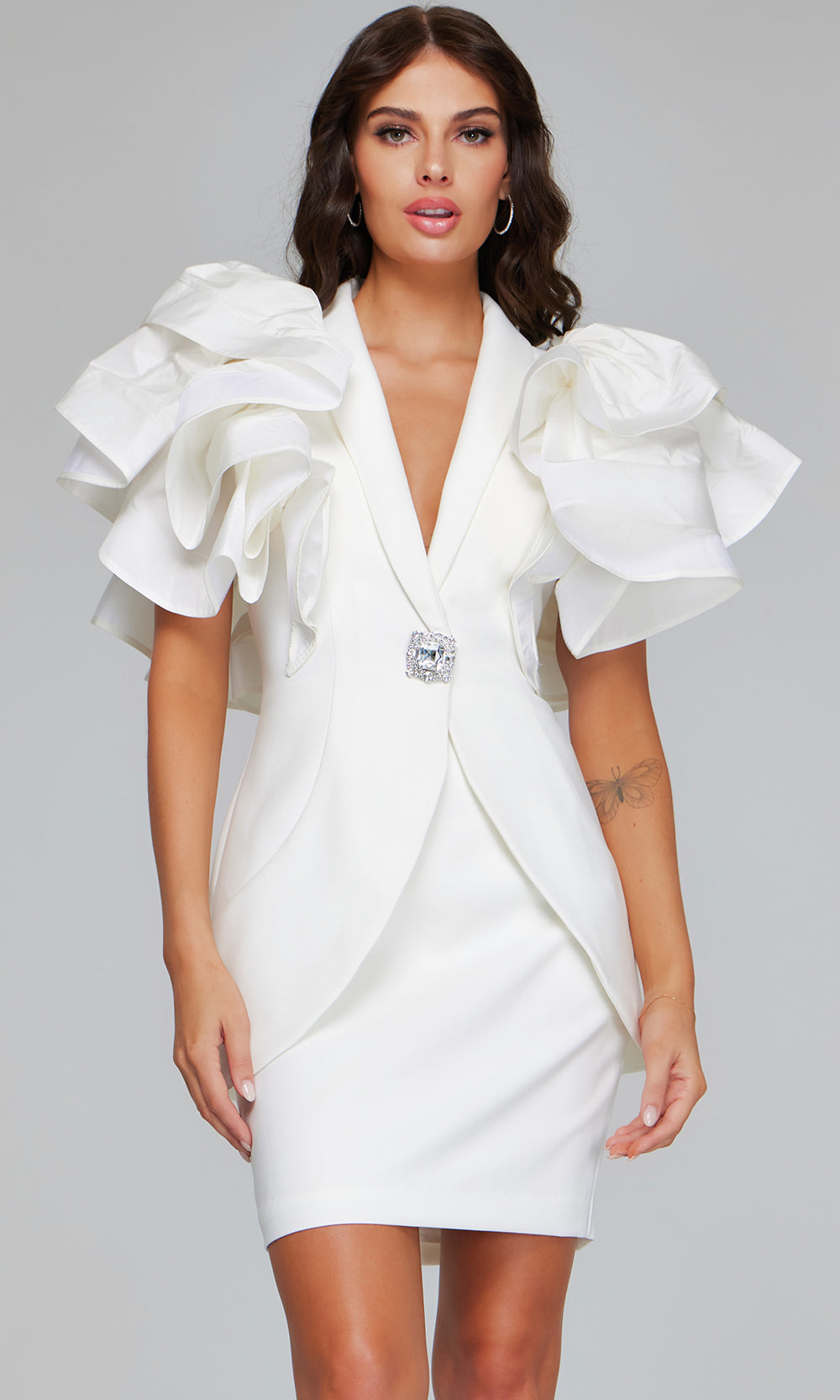Jovani 40292 - Ruffle Sleeve Fitted Dress with Beaded Brooch Formal Gowns  in Ivory 