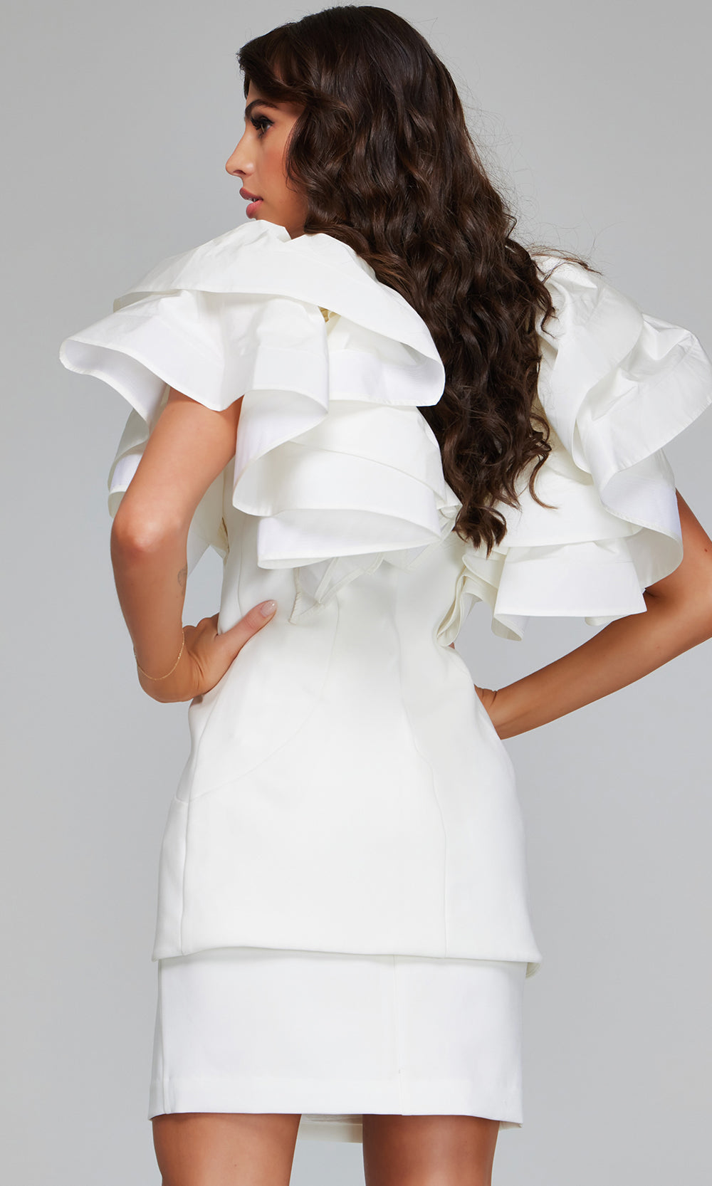 Jovani 40292 - Ruffle Sleeve Fitted Dress with Beaded Brooch Formal Gowns  in Ivory 