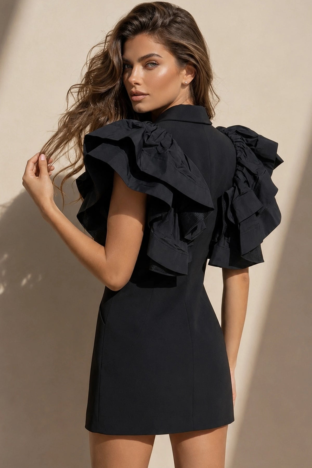 Jovani 40292 - Ruffle Sleeve Fitted Dress with Beaded Brooch
