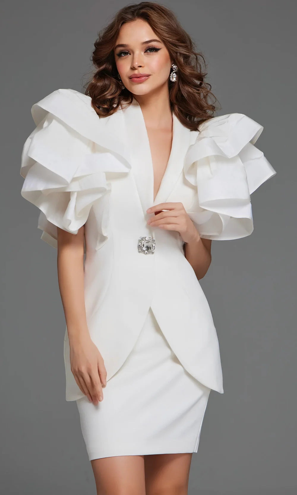 Jovani 40292 - Ruffle Sleeve Fitted Dress with Beaded Brooch Formal Gowns  in Ivory 
