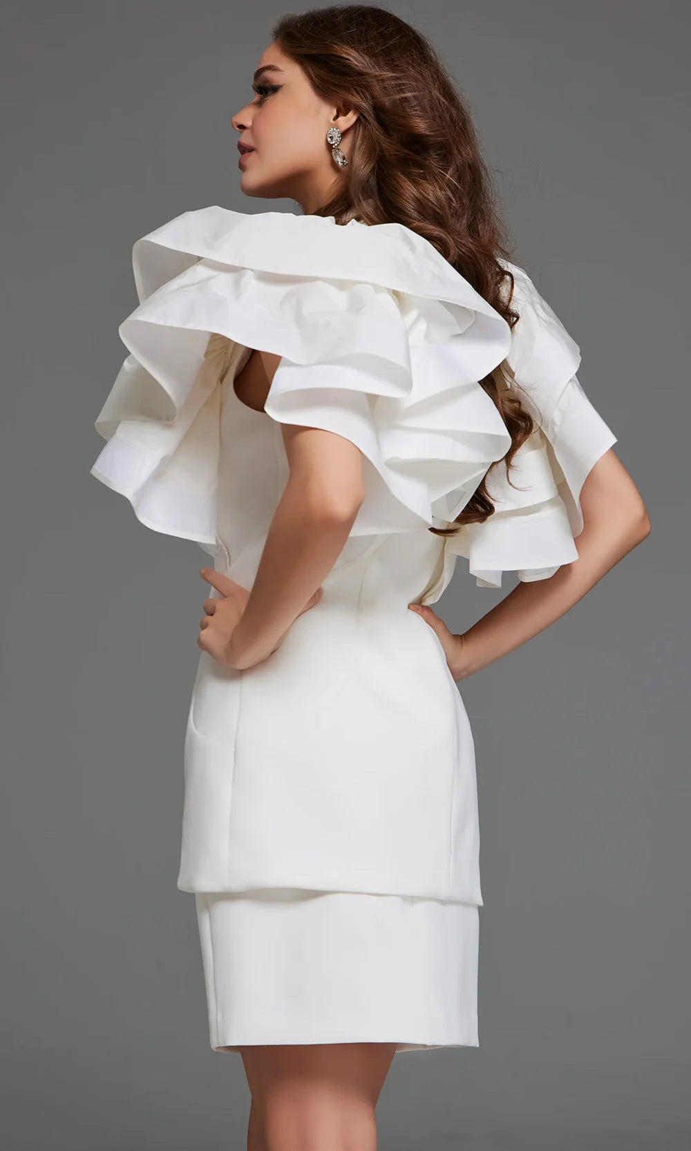 Jovani 40292 - Ruffle Sleeve Fitted Dress with Beaded Brooch Formal Gowns  in Ivory 