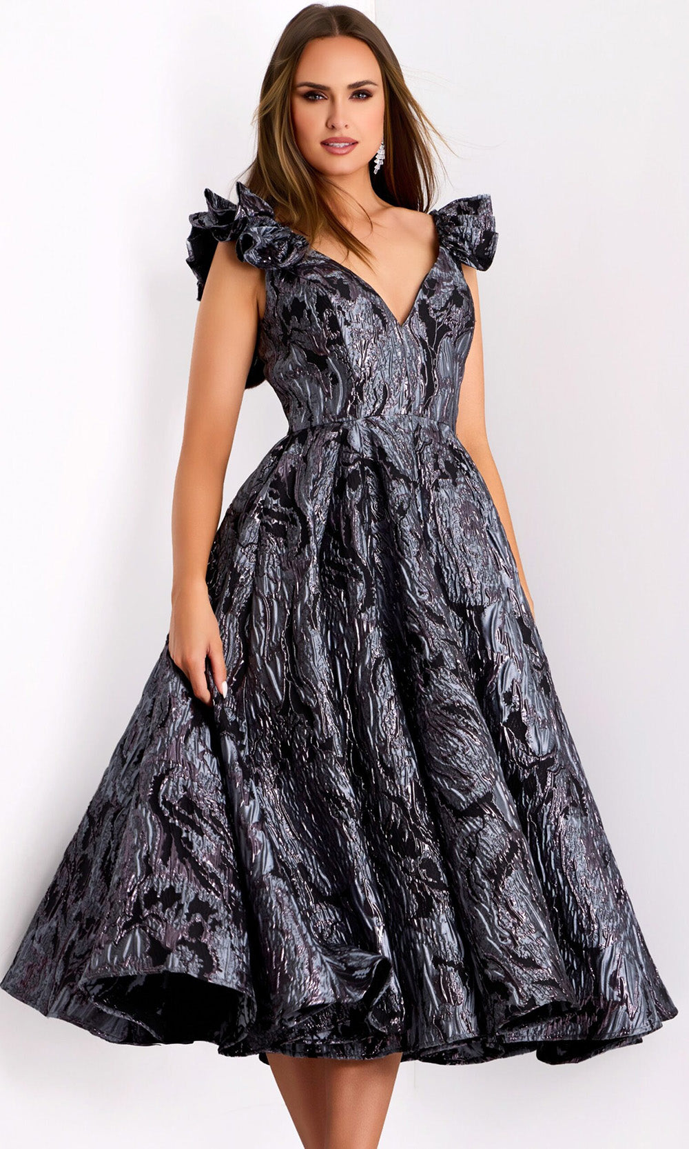 Jovani 40314 Metallic Cocktail Dress - Tea Length, V-Neck, Ruffled Sleeves Grey/Purple / 8 Jovani 40314 Metallic Cocktail Dress - Tea Length, V-Neck, Ruffled Sleeves Grey/Purple / 8