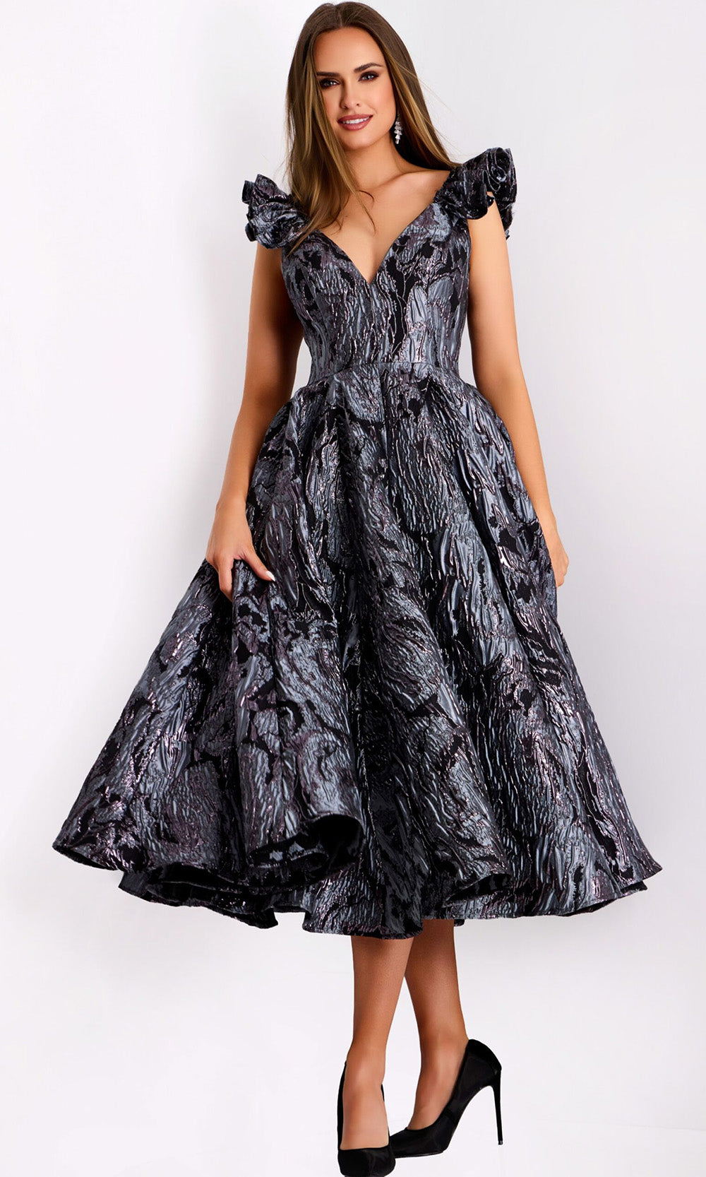 Jovani 40314 - Ruffled Cap Sleeve Jacquard Dress