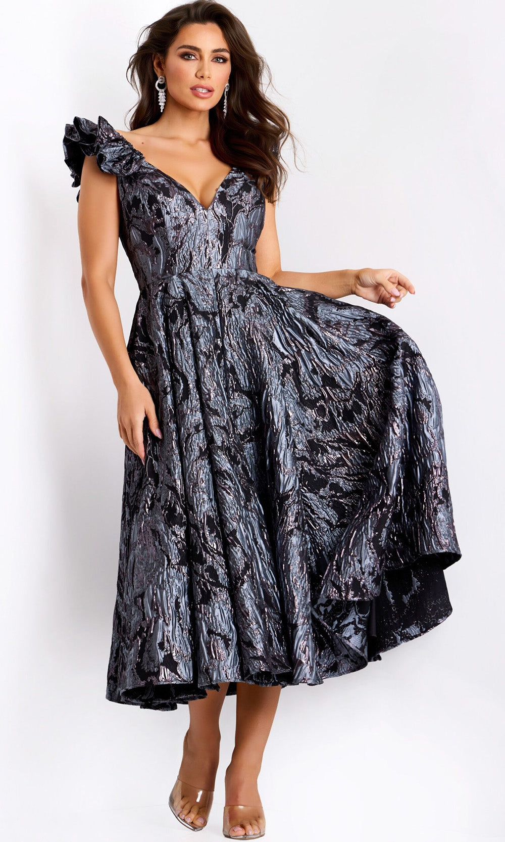 Jovani 40314 - Ruffled Cap Sleeve Jacquard Dress Cocktail Dresses
