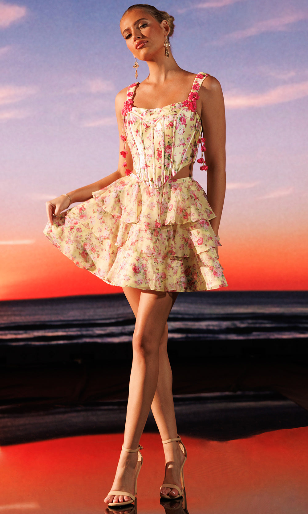 Rachel Allan 40674 - Square Neck Floral Two Piece Dress Cocktail Dresses in Yellow Print   