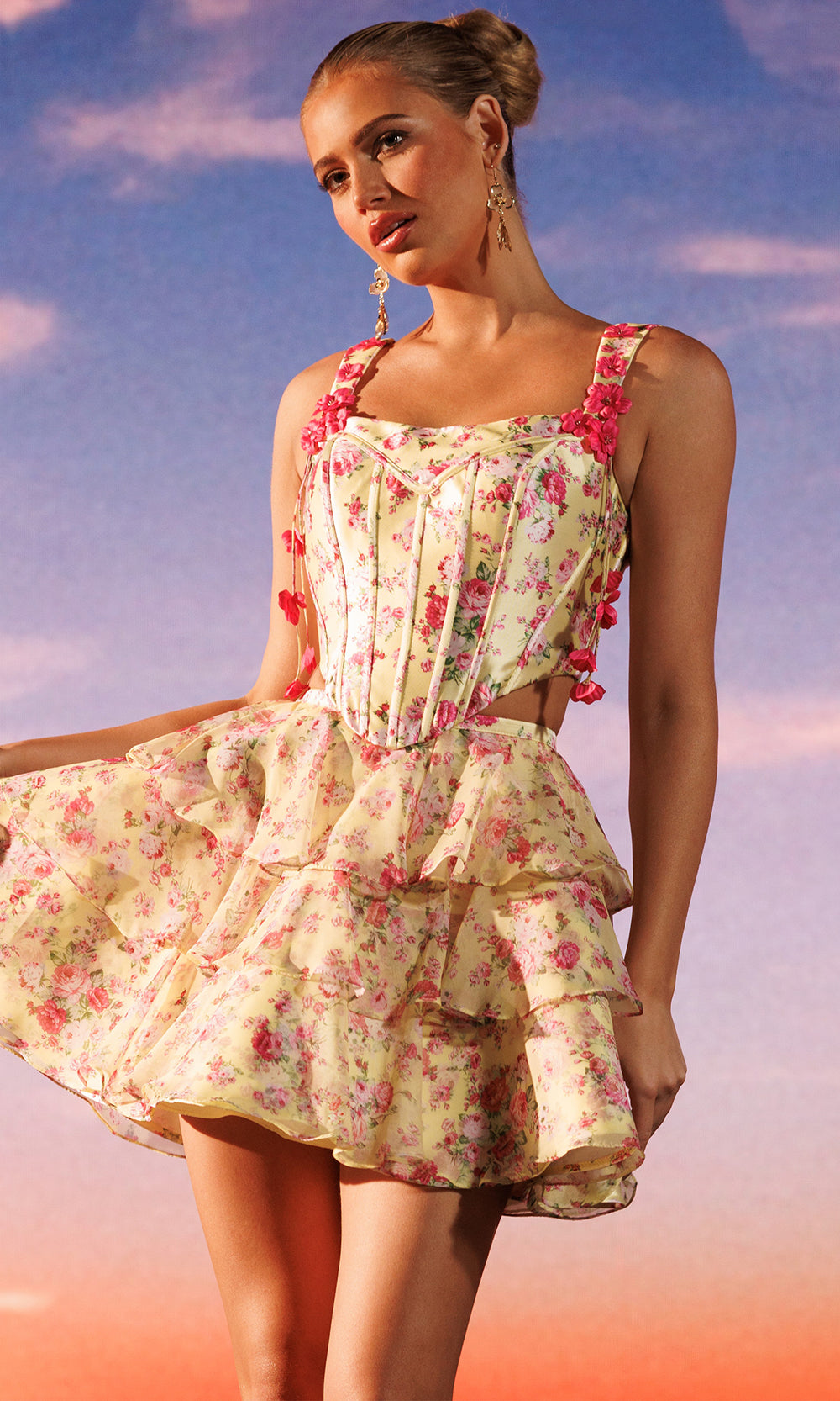 Rachel Allan 40674 - Square Neck Floral Two Piece Dress Cocktail Dresses in Yellow Print   
