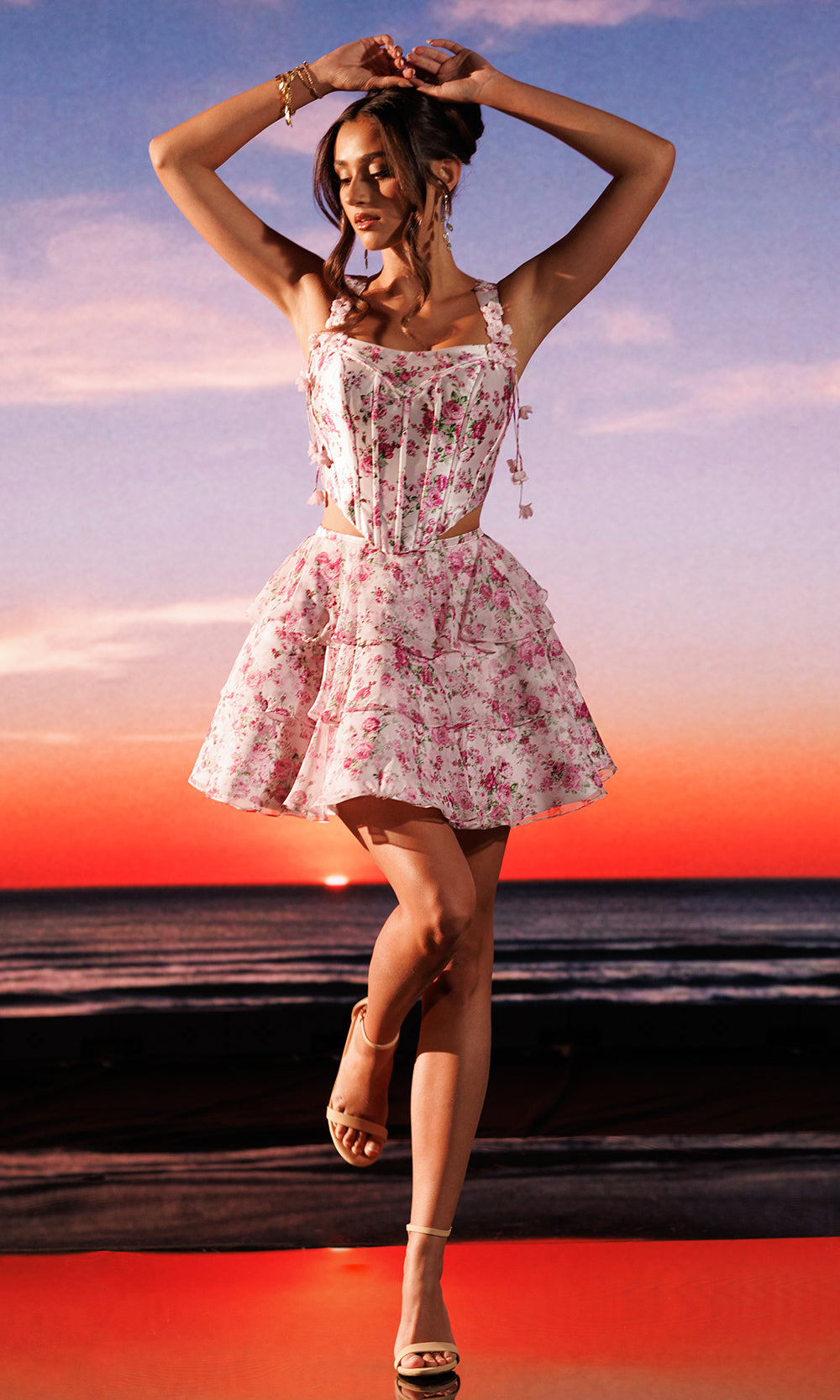 Rachel Allan 40674 - Square Neck Floral Two Piece Dress Cocktail Dresses in Pink Print   