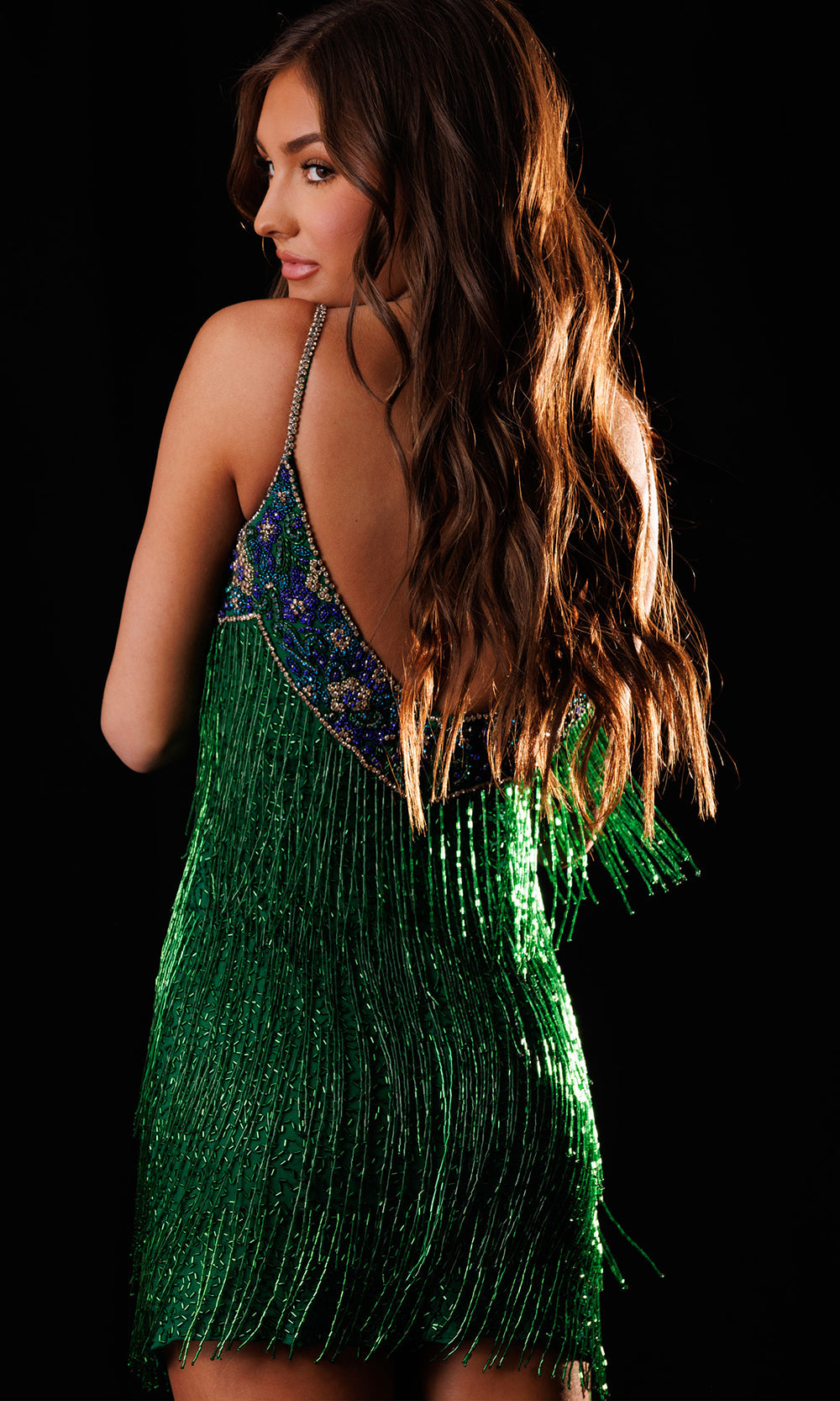 Rachel Allan 40682 - Shimmering Fringe Sleeveless V-Neck Dress Cocktail Dresses in Green    