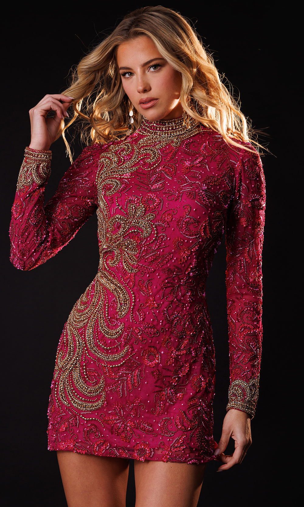 Rachel Allan 40692 - Bead Encrusted Long Sleeve Mini Dress Party Dresses in Pink Silver   