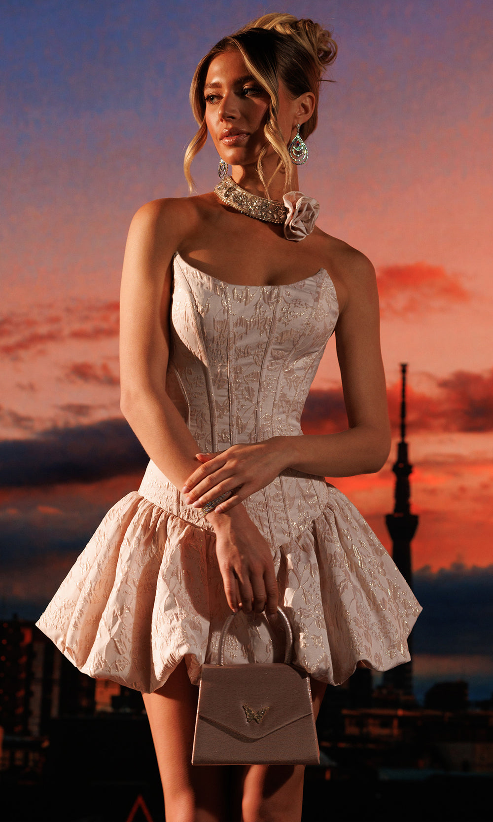 Rachel Allan 40695 - Scoop Neck Corset Jacquard Dress Party Dresses in Pink    