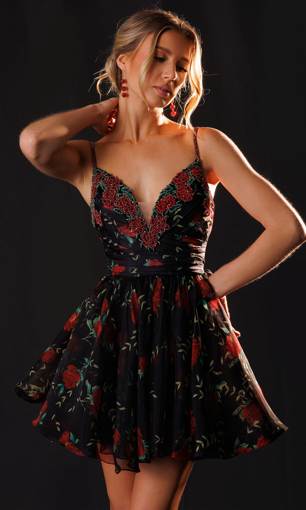Rachel Allan 40711 - Short A-Line Floral Embellished Dress Prom Dresses in Black Red   