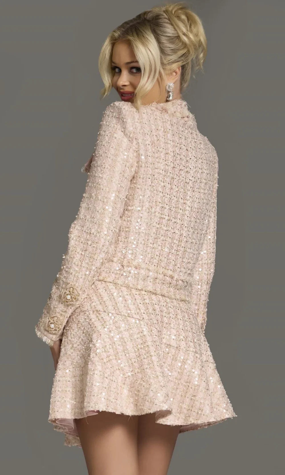 Jovani 40713 - Floral Button Jewel Neck Tweed Dress Cocktail Dresses  in Blush  