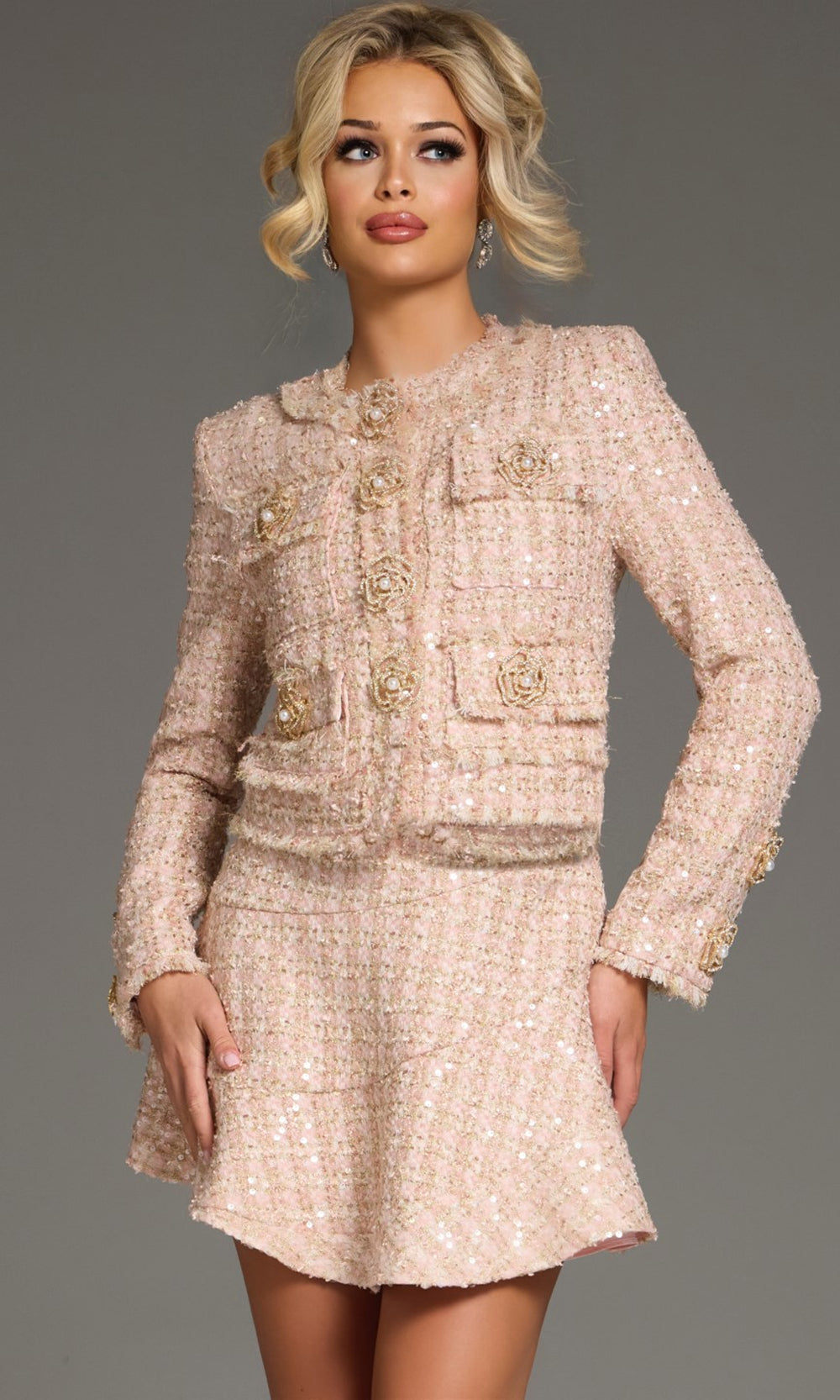 Jovani 40713 - Floral Button Jewel Neck Tweed Dress Cocktail Dresses  in Blush  