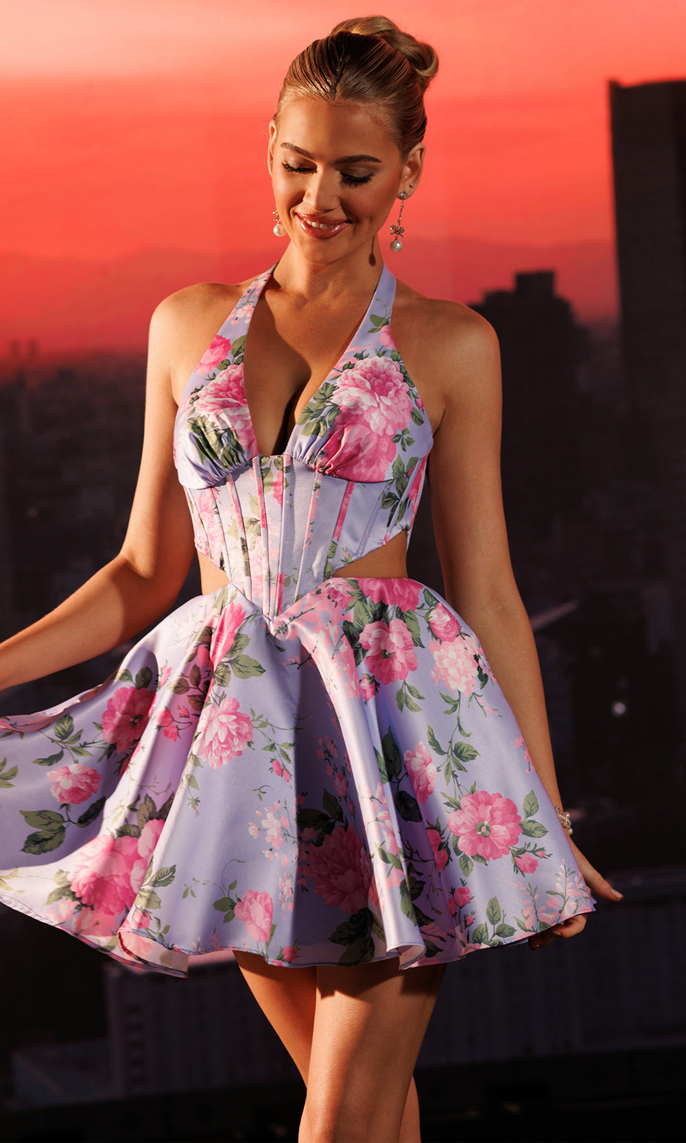 Rachel Allan 40719 - Printed Cutout Plunging V-Neck Dress Party Dresses in Pink Print   