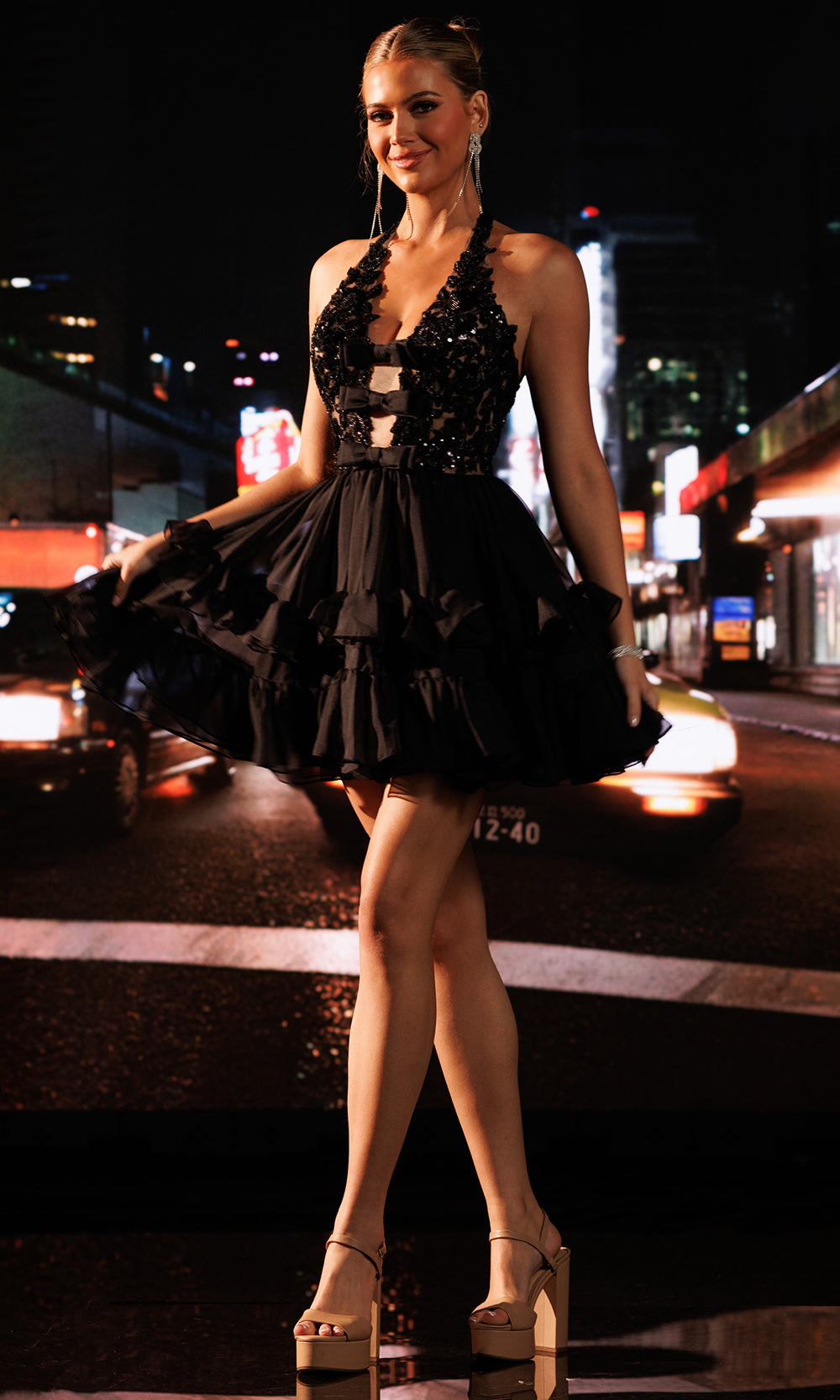 Rachel Allan 40727 - Plunging Halter Tiered Dress with Bows Cocktail Dresses in Black    