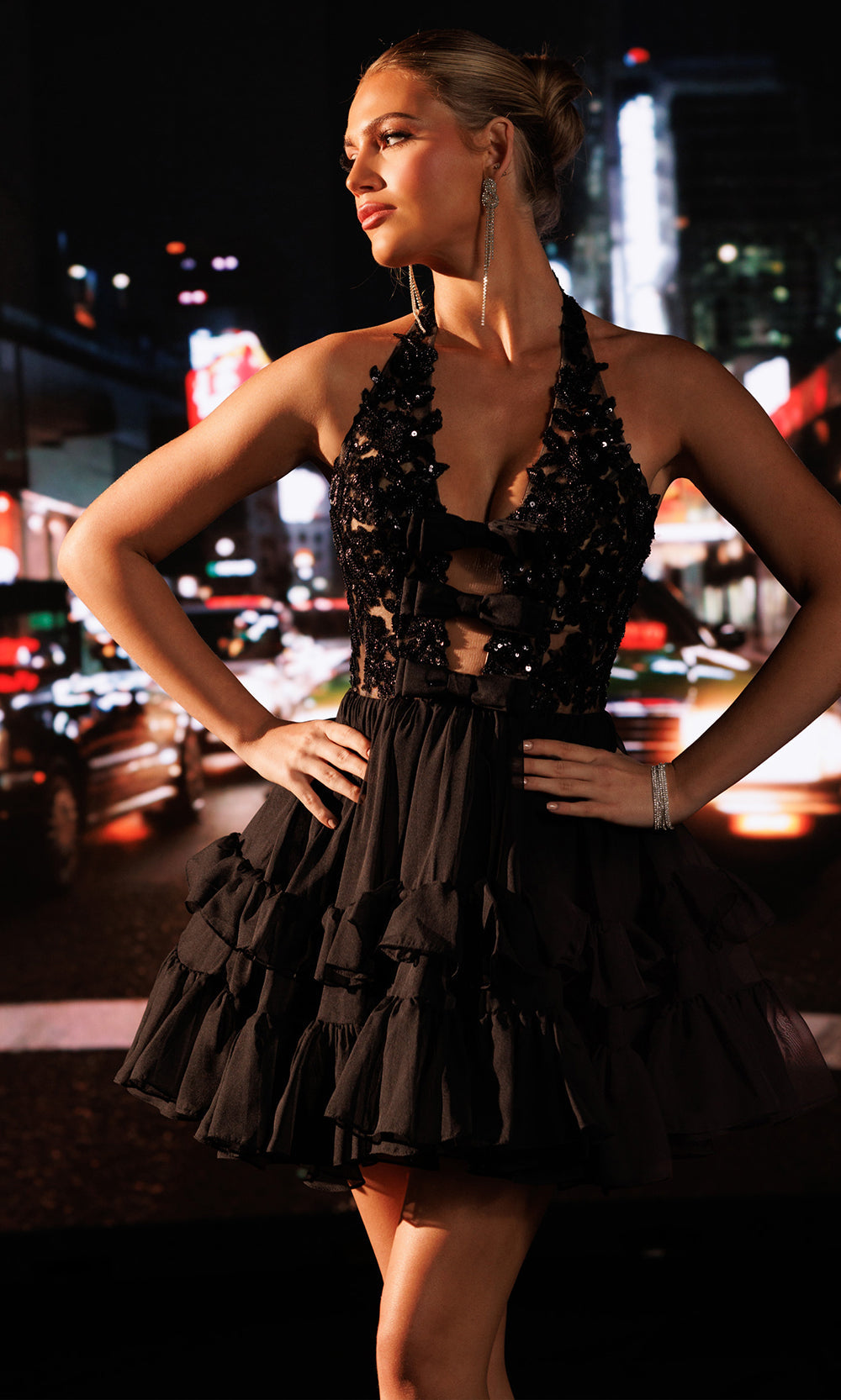 Rachel Allan 40727 - Plunging Halter Tiered Dress with Bows Cocktail Dresses in Black    