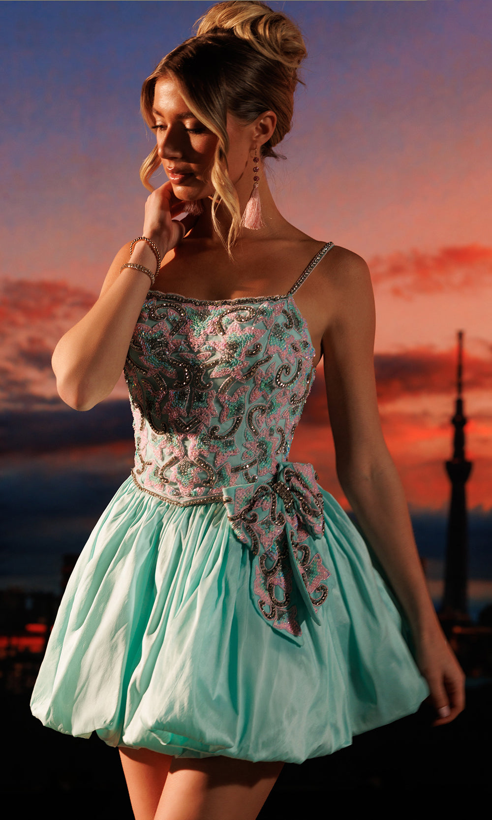 Rachel Allan 40748 - Bow Accent Sleeveless Bubble Dress Cocktail Dresses in Green Pink   