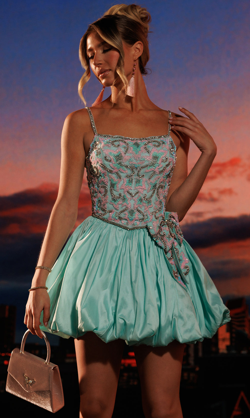 Rachel Allan 40748 - Bow Accent Sleeveless Bubble Dress Cocktail Dresses in Green Pink   