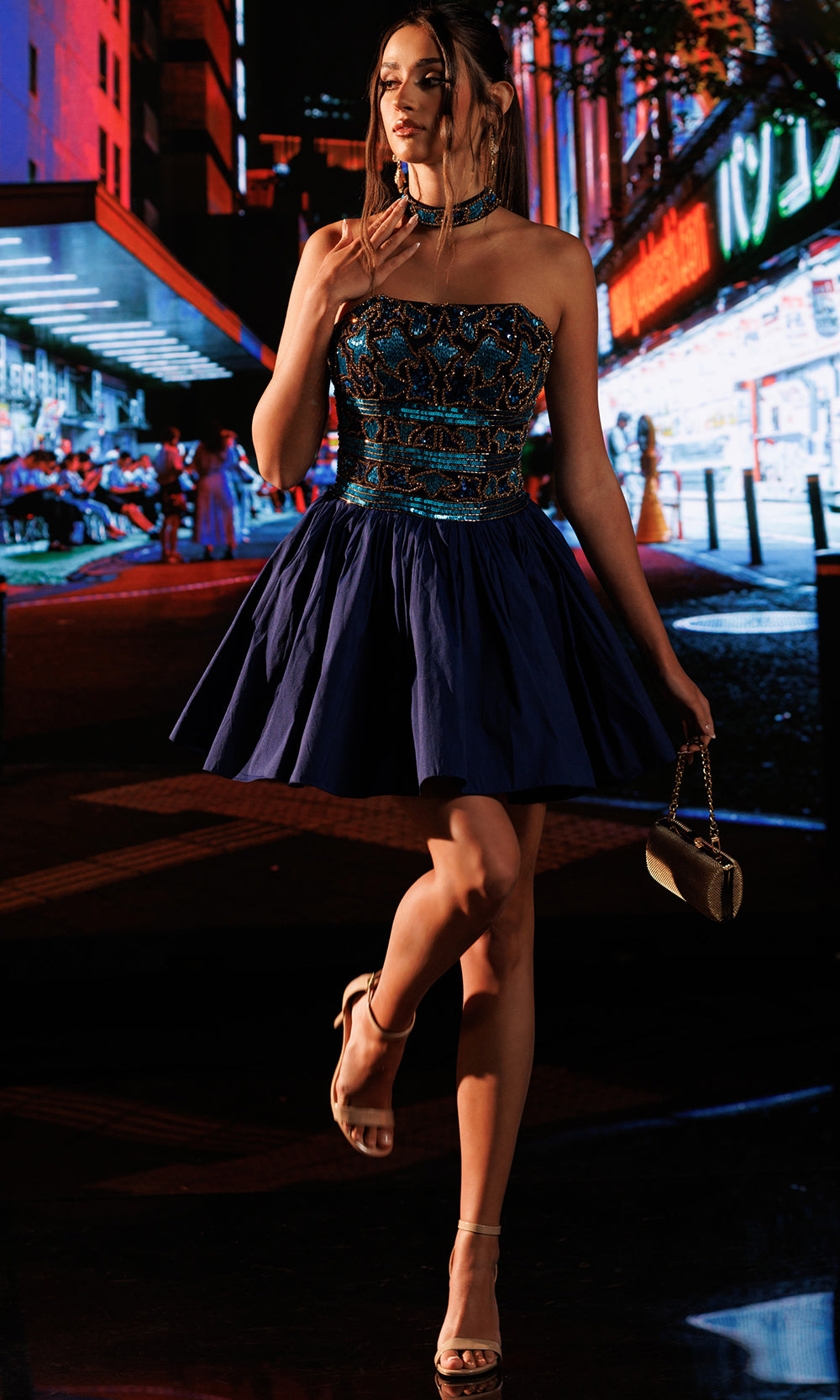 Rachel Allan 40783 - Straight Across Embellished Dress with Bow Prom Dresses in Blue Multi   
