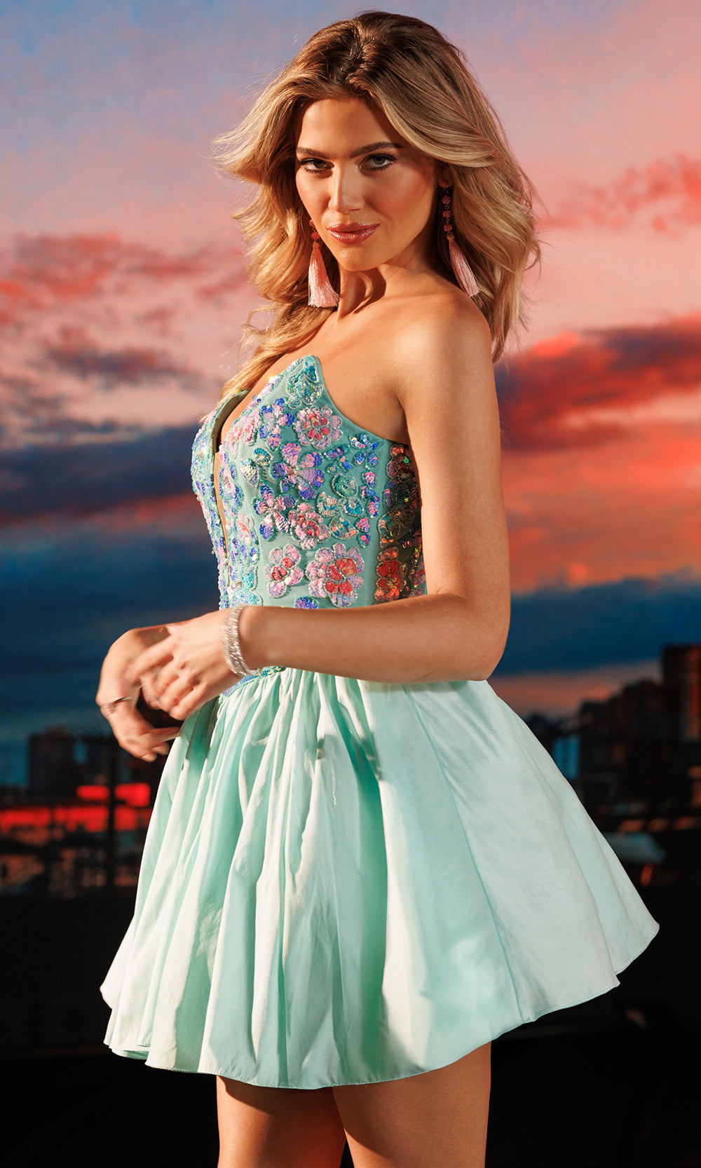 Rachel Allan 40796 - Floral Beadwork Plunging Neck Mini Dress Prom Dresses in Green    