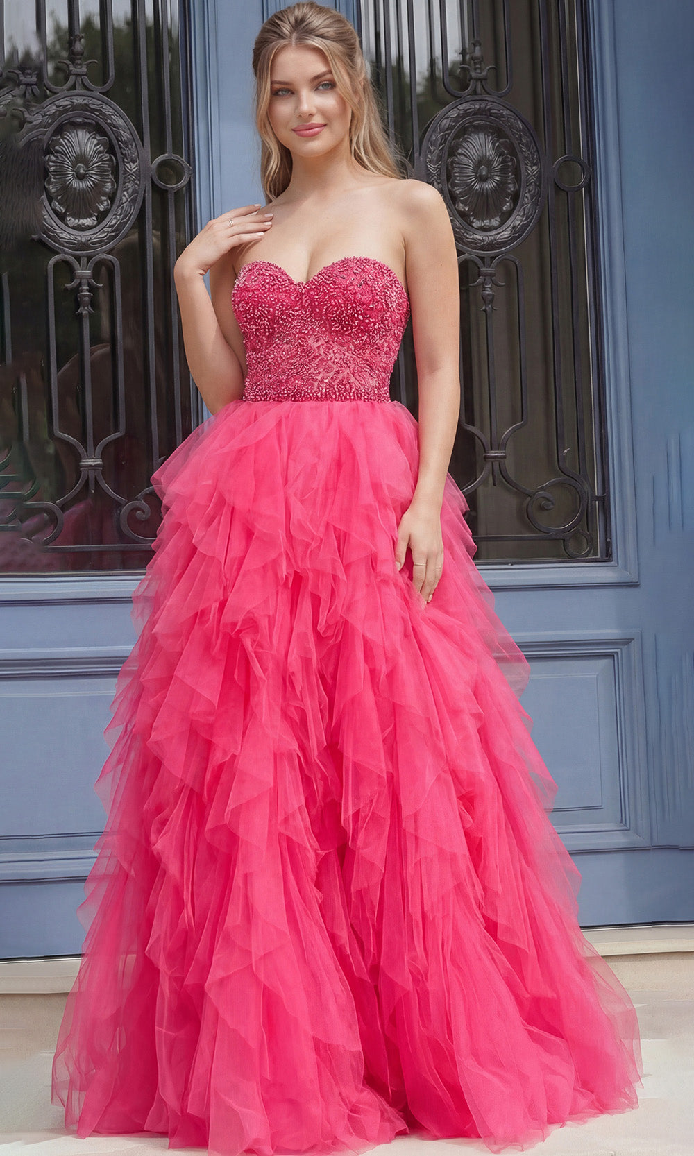 Jovani 40816 - Ruffle Skirt Sweetheart Tulle Gown Special Occasion Dress In Hot Pink
