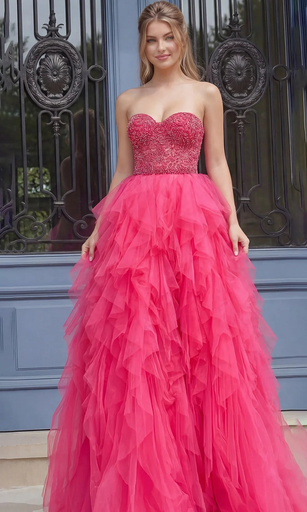 Jovani 40816 - Beaded Ornate Ruffle Ballgown Ball Gowns  in Hot Pink 