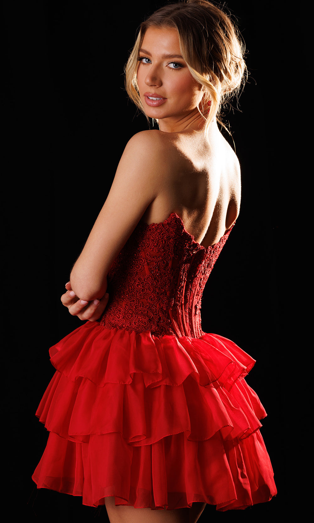 Rachel Allan 40819 - Short A-Line Lace Applique Dress Party Dresses in Red    