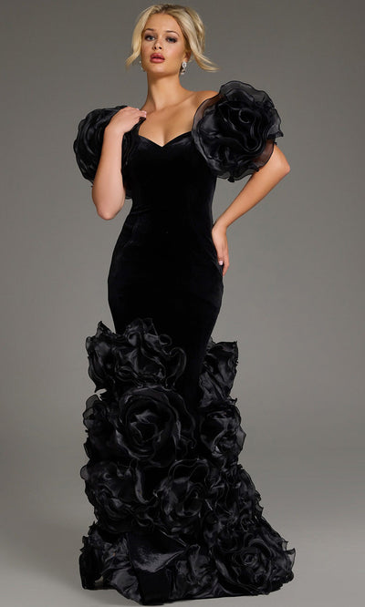 Jovani 40843 - Off Shoulder Floral Puff Sleeve Gown Formal Gowns