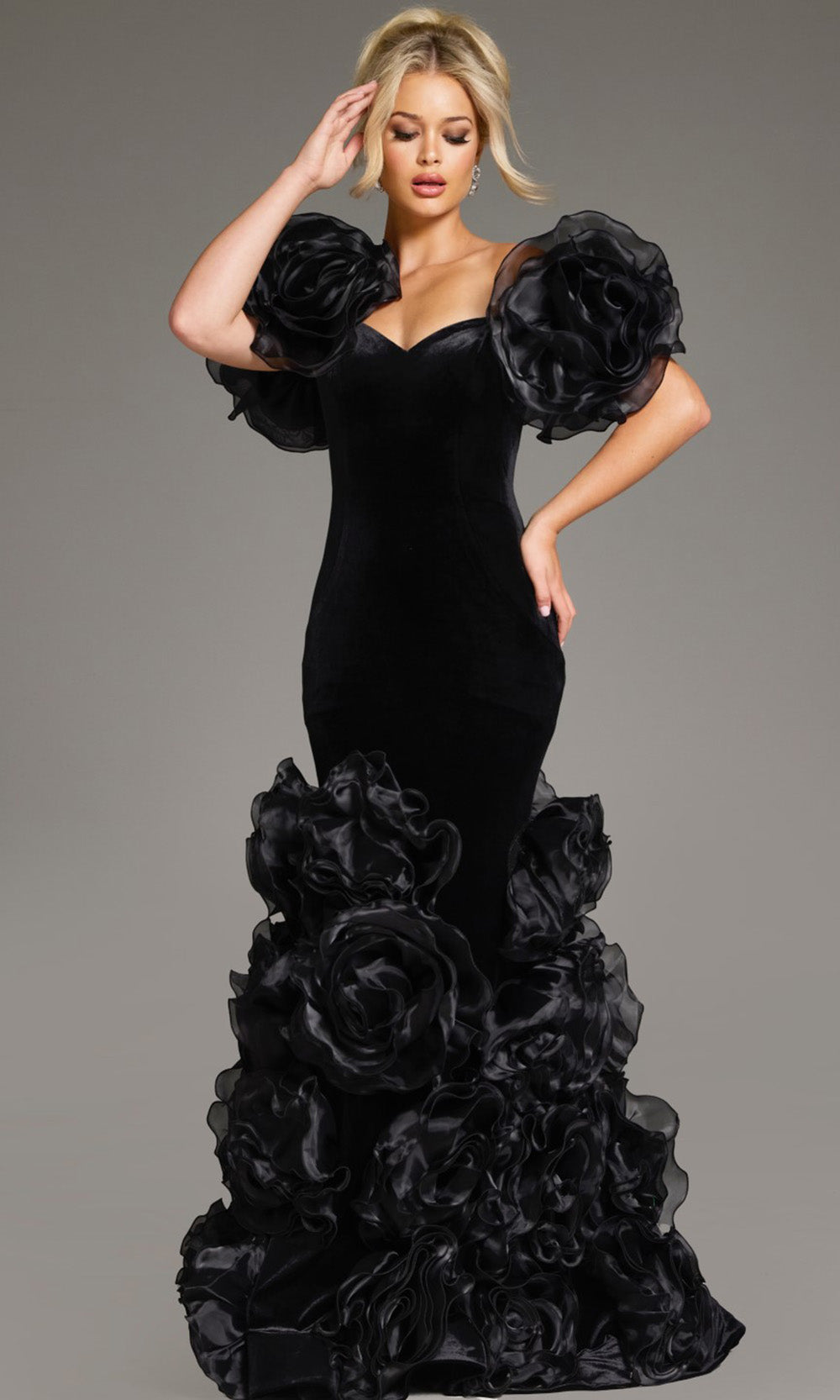 Jovani 40843 - Off Shoulder Floral Puff Sleeve Gown