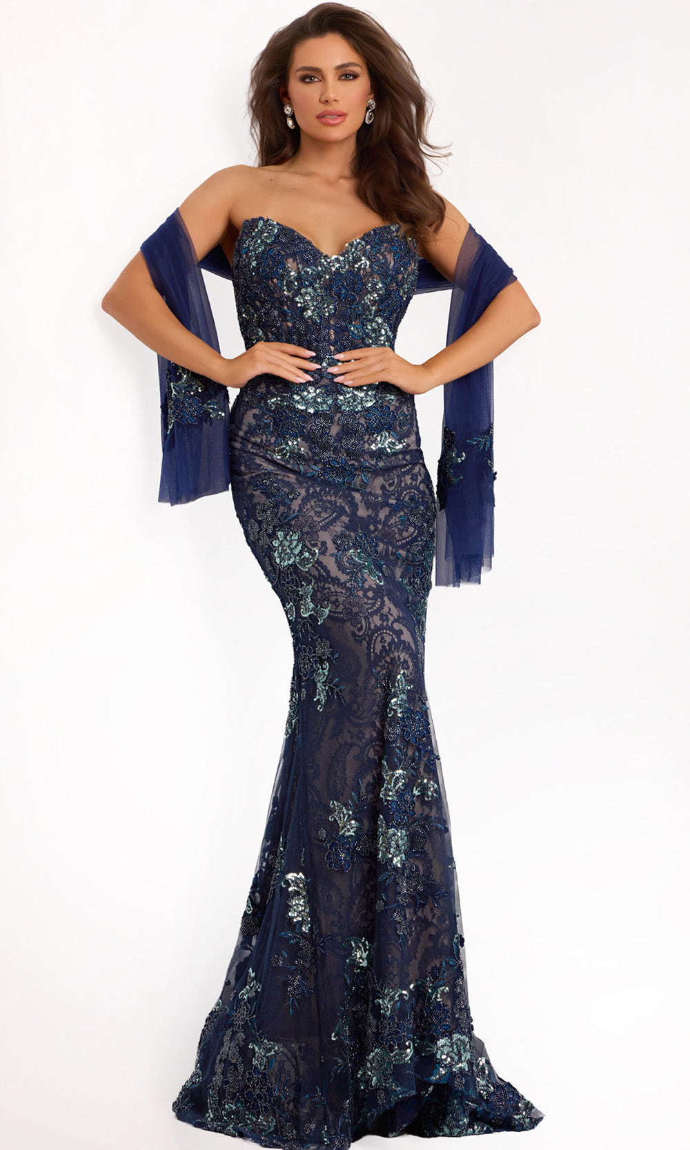 Jovani 40848 - Embroidered Sweetheart Evening Gown with Shawl