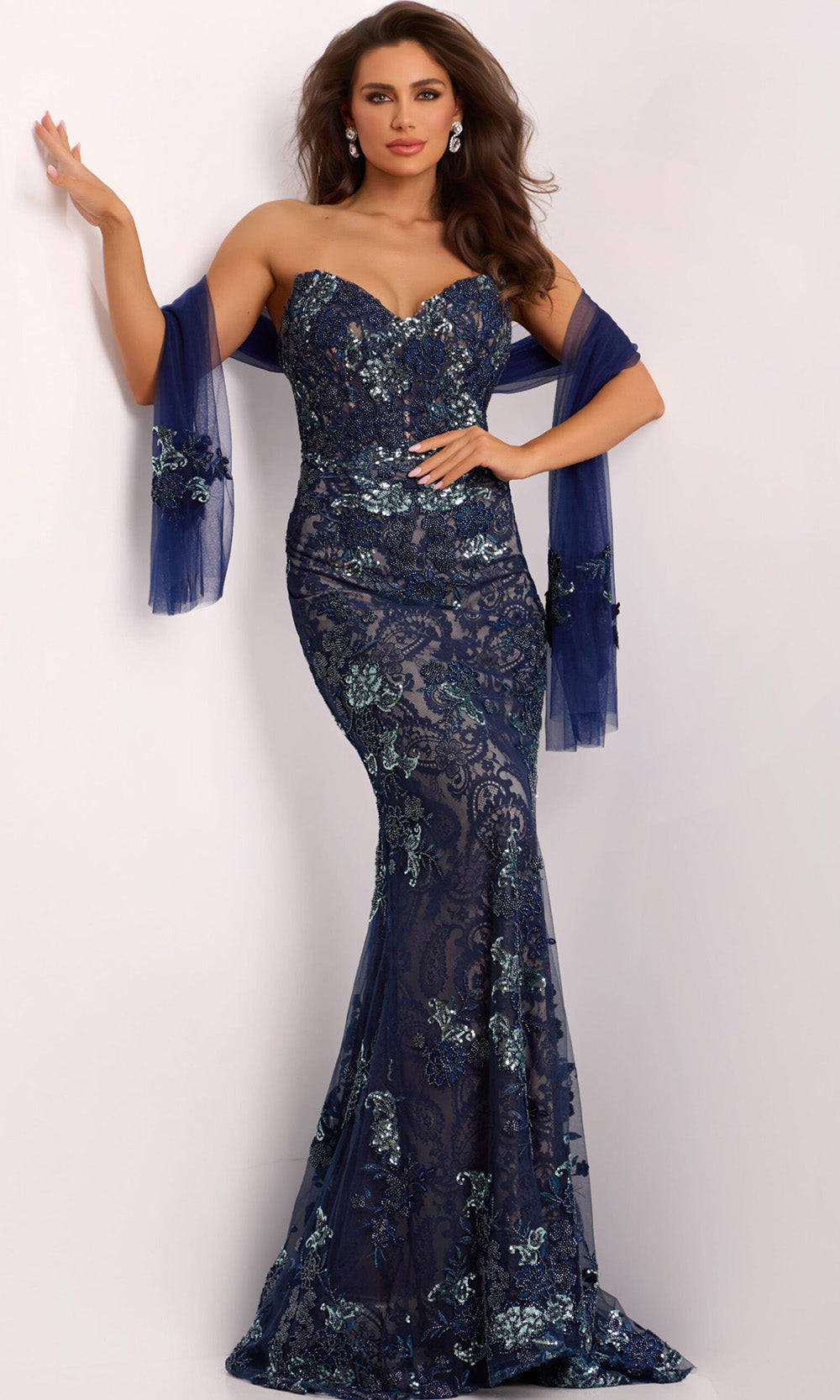 Jovani 40848 - Embroidered Sweetheart Evening Gown with Shawl
