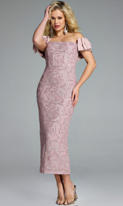 Jovani 41044 - Beaded Ornate Tea-Length Dress with Slit Cocktail Dresses