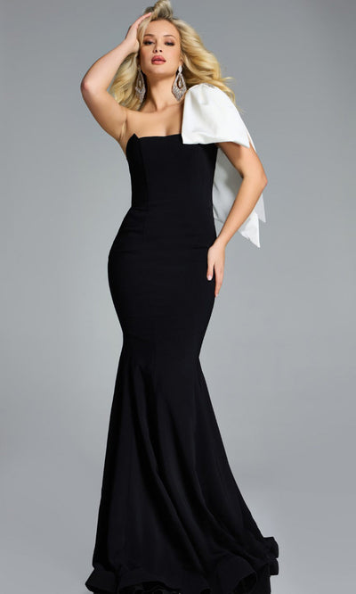 Jovani 41132 - Satin Asymmetric Gown with Shoulder Bow Prom Dresses