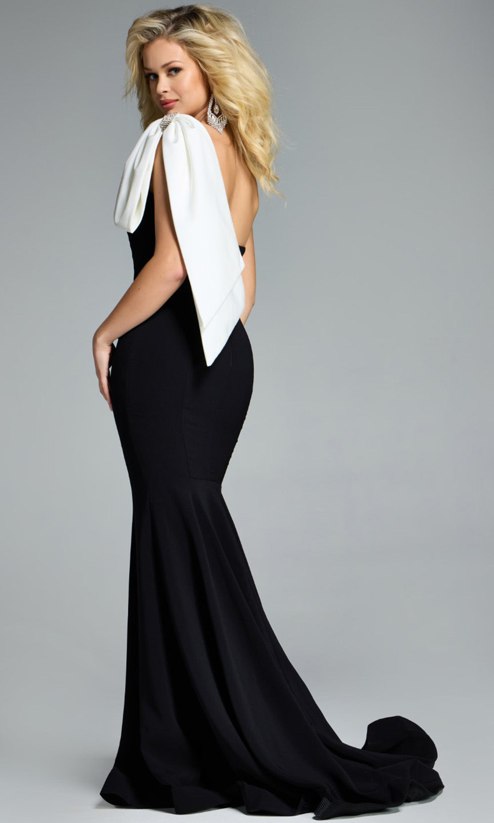 Jovani 41132 - Satin Asymmetric Gown with Shoulder Bow