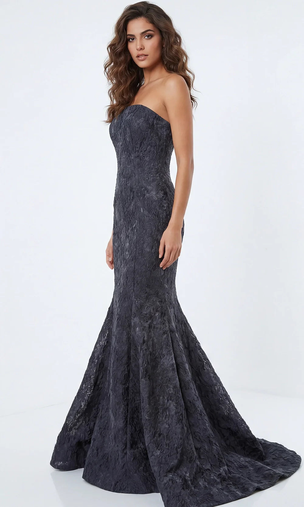 Jovani 41133 - Straight Neckline Textured Long Gown Prom Dresses  in Dark Grey 