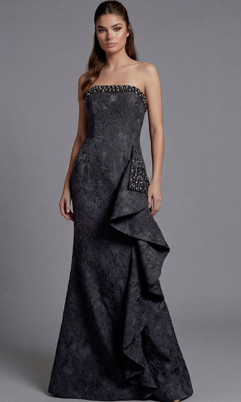 Jovani 41135 - Beaded Neckline Textured Evening Gown Special Occasion Dress In Gunmetal
