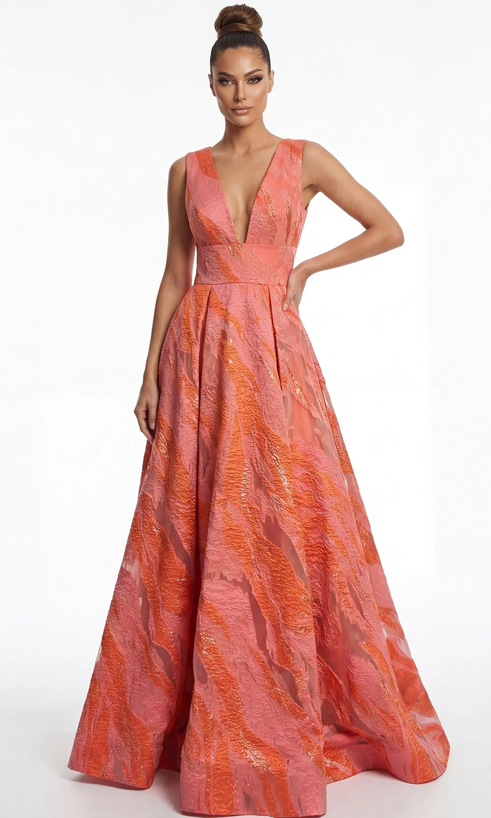 Jovani 41136 - Pleated Skirt Textured Sleeveless Gown Formal Gowns  in Coral  