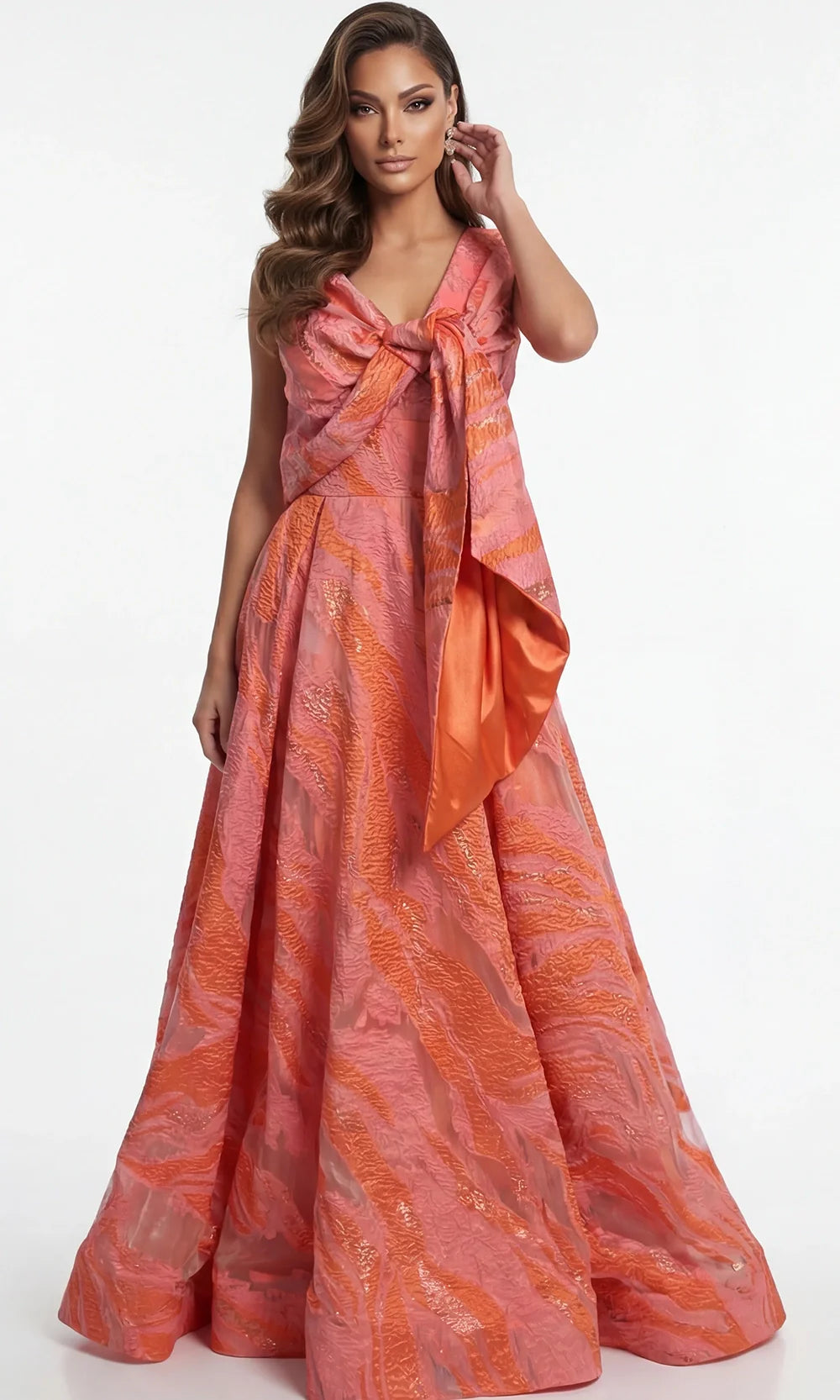 Jovani 41136 - Pleated Skirt Textured Sleeveless Gown Formal Gowns  in Coral  