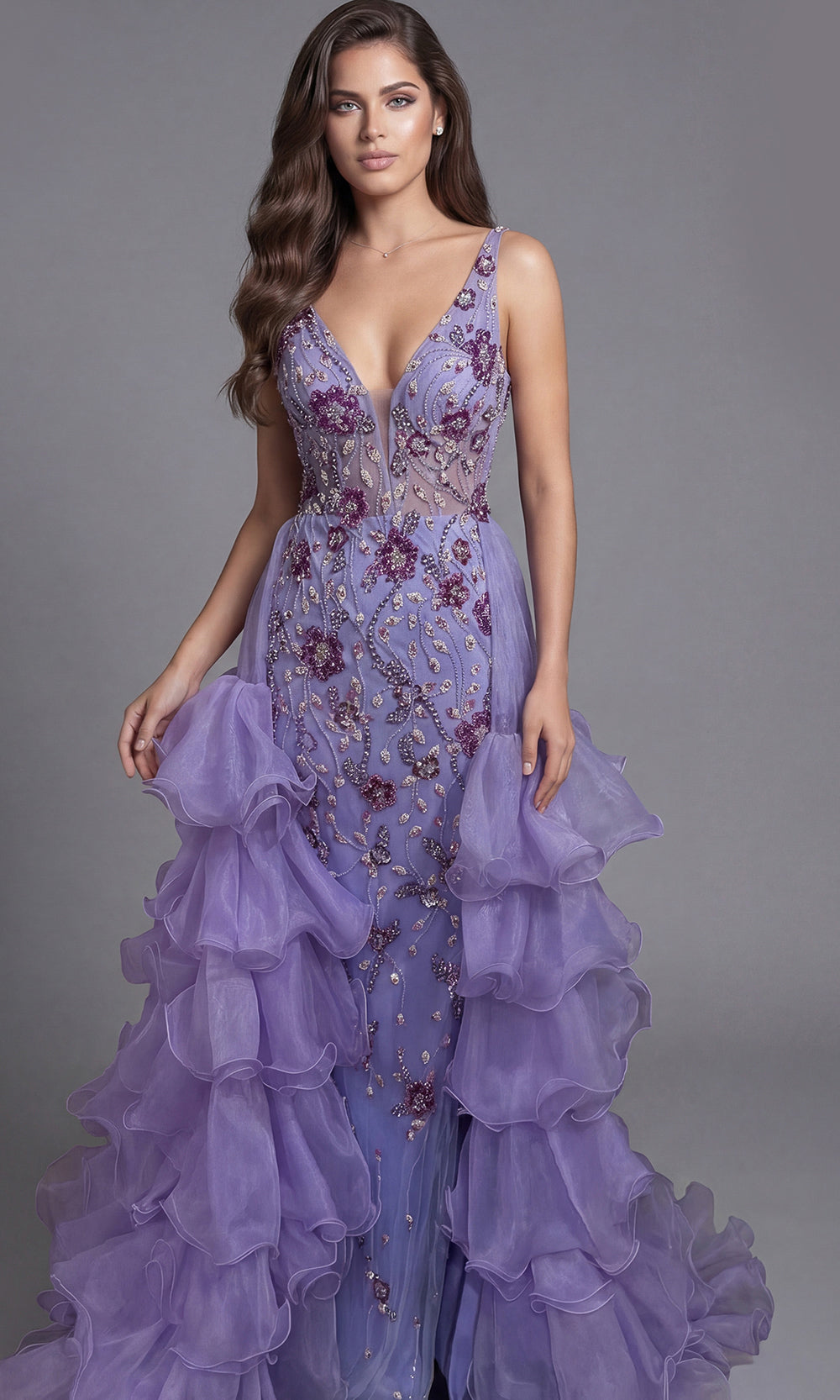Jovani 41192 - Embellished Ruffle A-Line Gown Special Occasion Dress In Lilac