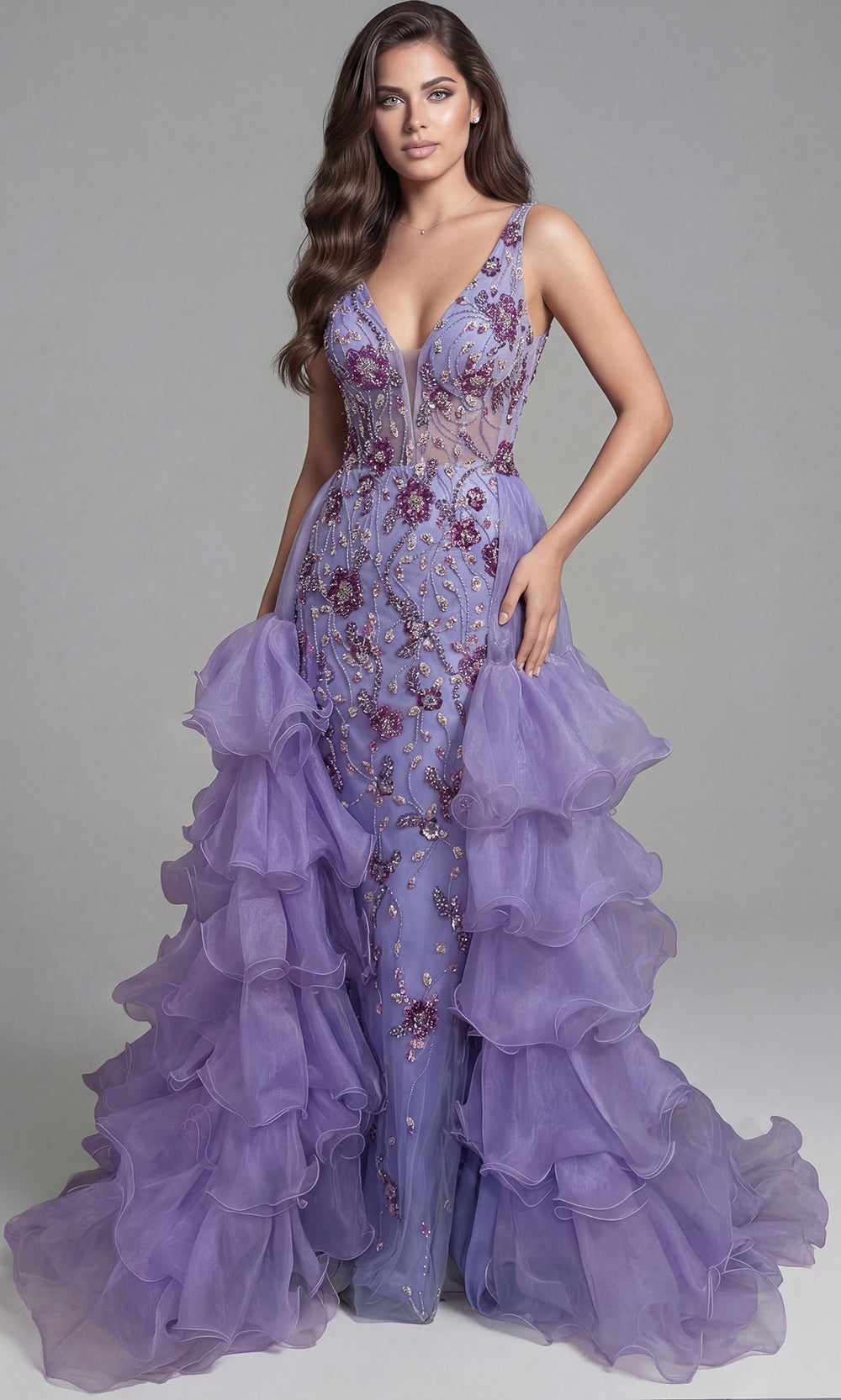 Jovani 41192 - Embellished Ruffle A-Line Gown Special Occasion Dress In Lilac