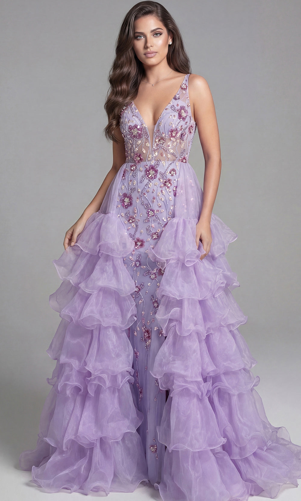 Jovani 41192 - Embellished Ruffle A-Line Gown Special Occasion Dress In Lilac