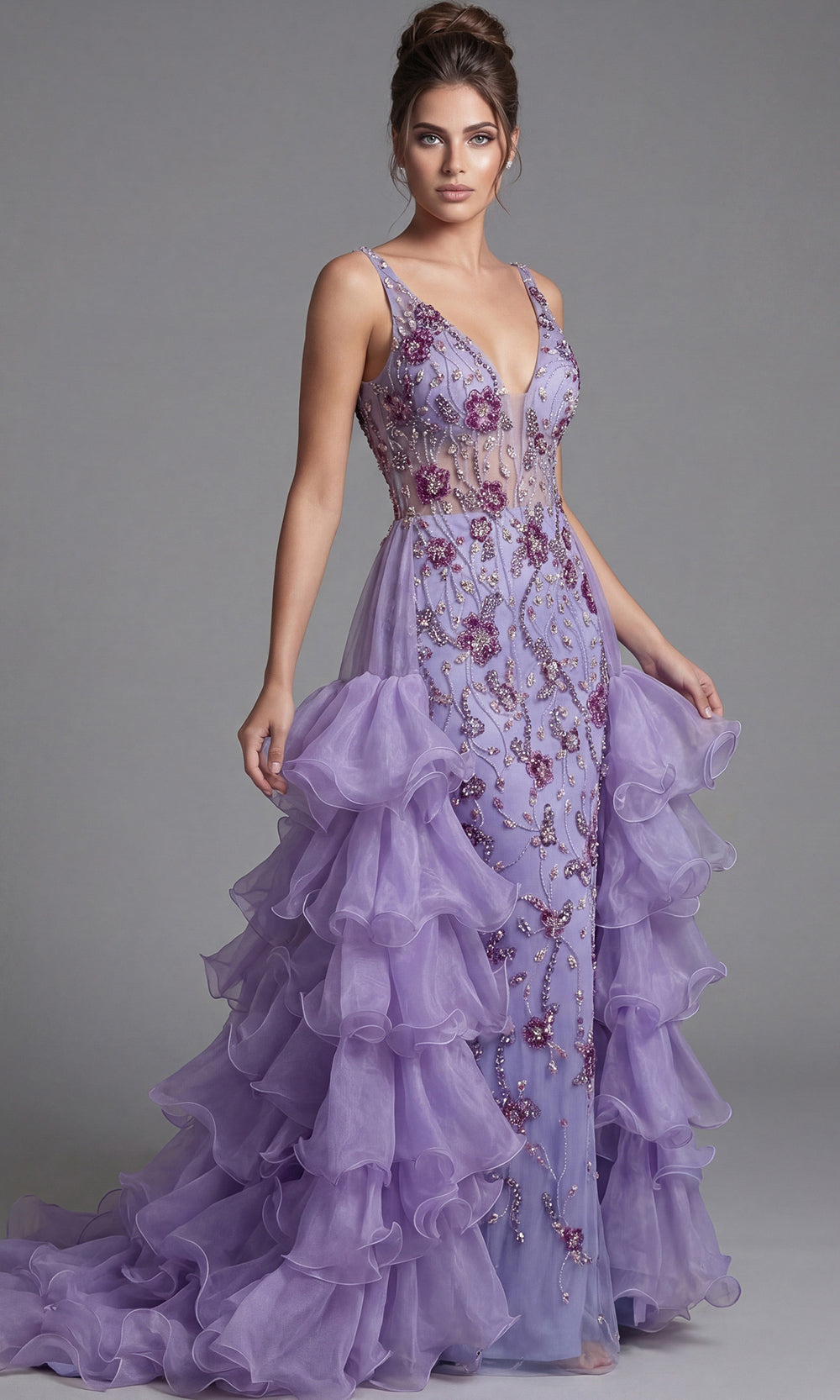 Jovani 41192 - Embellished Ruffle A-Line Gown Special Occasion Dress In Lilac