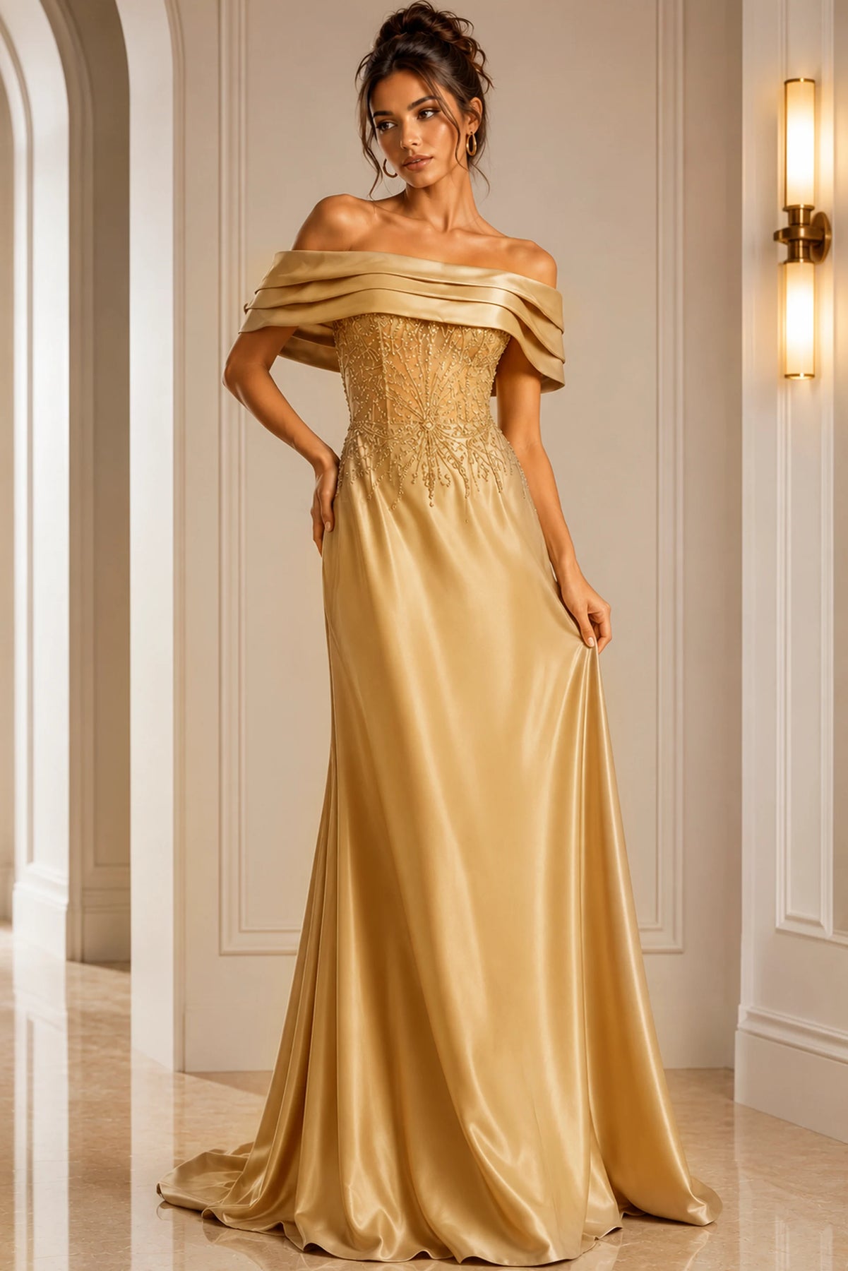 Jovani 41198 - Pleated Neckline Beaded Evening Gown