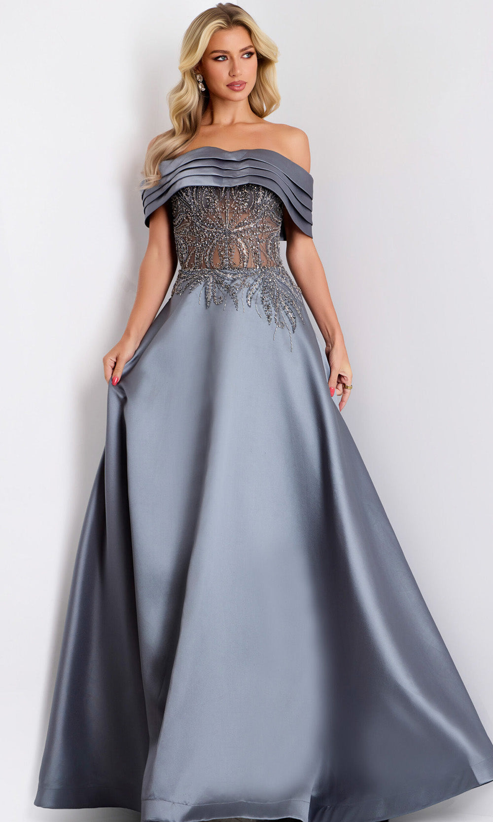 Jovani 41198 - Pleated Neckline Beaded Evening Gown Prom Dresses