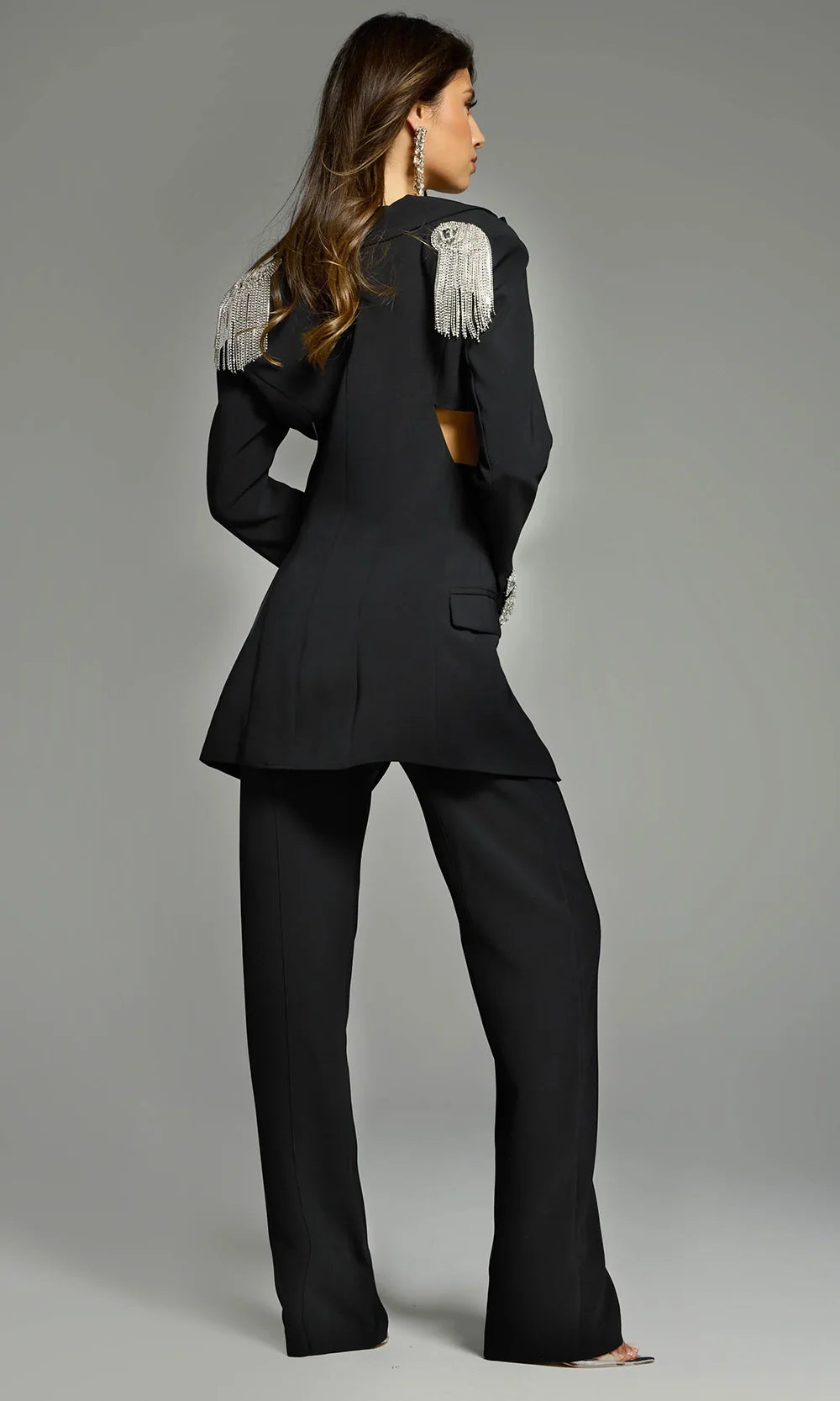 Jovani 42120 - Crystal Accent Long Sleeve Pantsuit Prom Dresses  in Black  